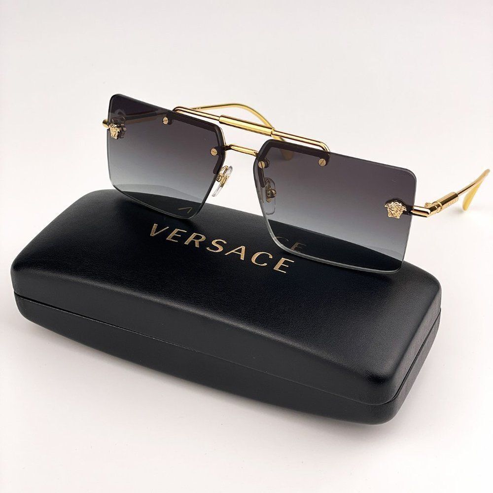 NEW Versace VE2245	10028G Gold Gray Gradient  Rimless Metal Unisex Sunglasses